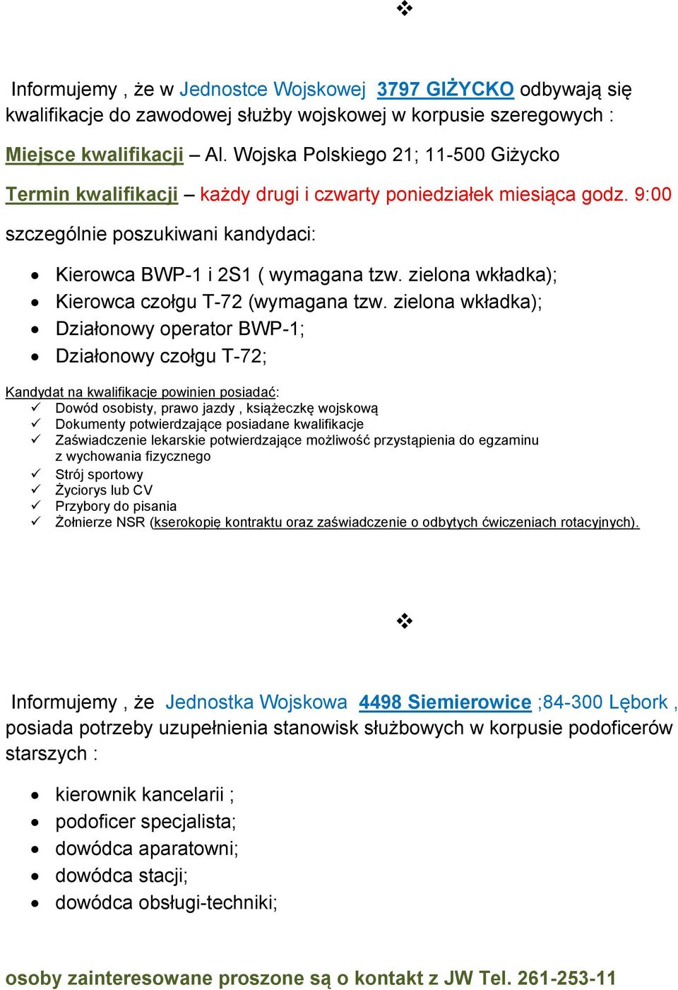 zielona wkładka); Kierowca czołgu T-72 (wymagana tzw.