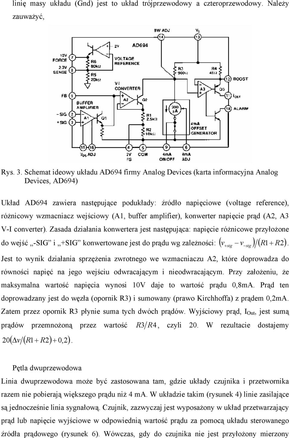 (A, buffer amplifier), konwerter napięcie prąd (A, A V-I converter).