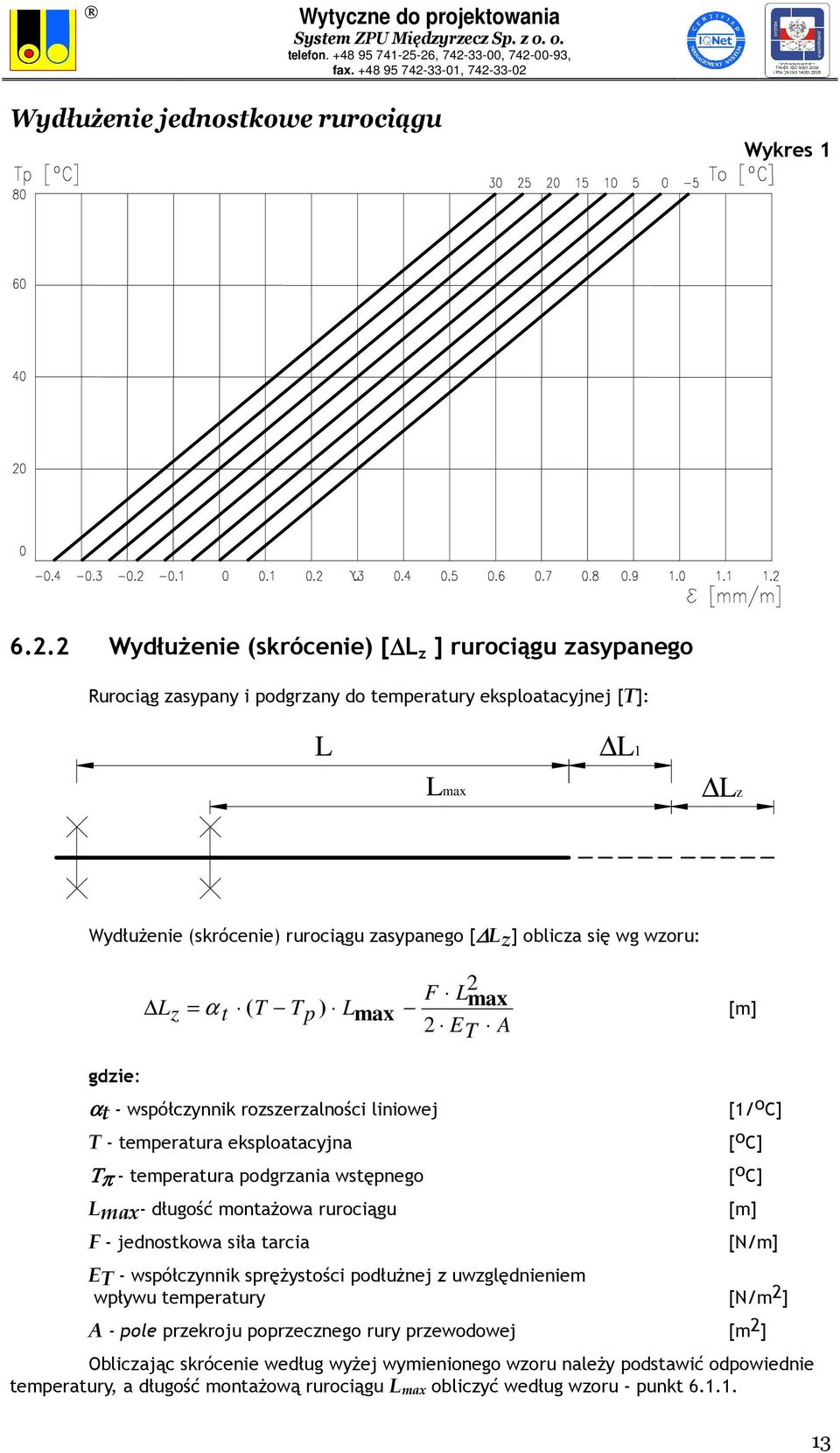 wzoru: L z = α t ( T T p ) Lmax F L 2 max 2 E T A gdzie: αt - współczynnik rozszerzalności liniowej [1/ o C] T - temperatura eksploatacyjna [ o C] Τπ - temperatura podgrzania wstępnego [ o C] Lmax-