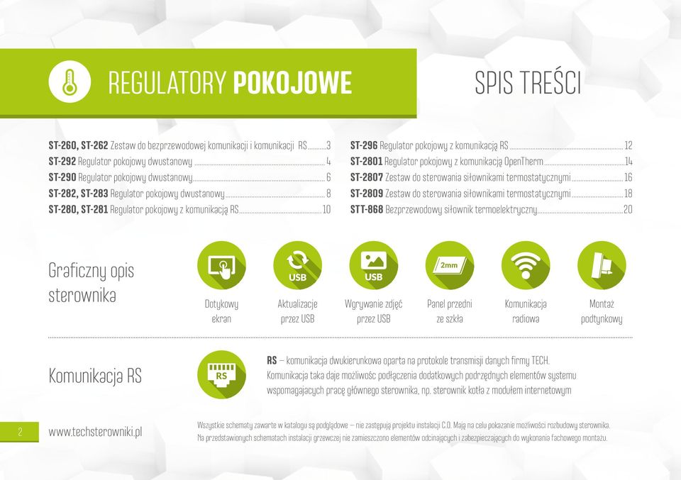 .. 12 ST-2801 Regulator pokojowy z komunikacją OpenTherm...14 ST-2807 Zestaw do sterowania siłownikami termostatycznymi... 16 ST-2809 Zestaw do sterowania siłownikami termostatycznymi.