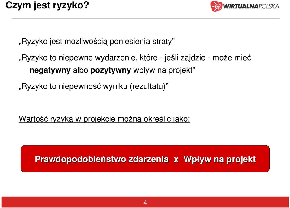 które - jeśli zajdzie - może mieć negatywny albo pozytywny wpływ na projekt