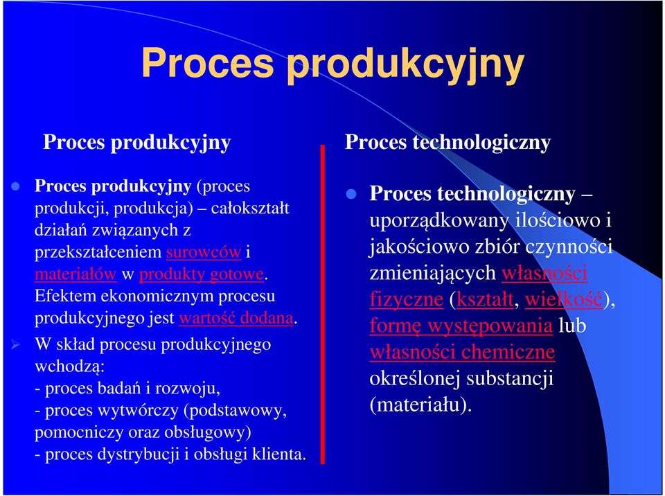 W skład procesu produkcyjnego wchodzą: - proces badań i rozwoju, - proces wytwórczy (podstawowy, pomocniczy oraz obsługowy) - proces dystrybucji i obsługi