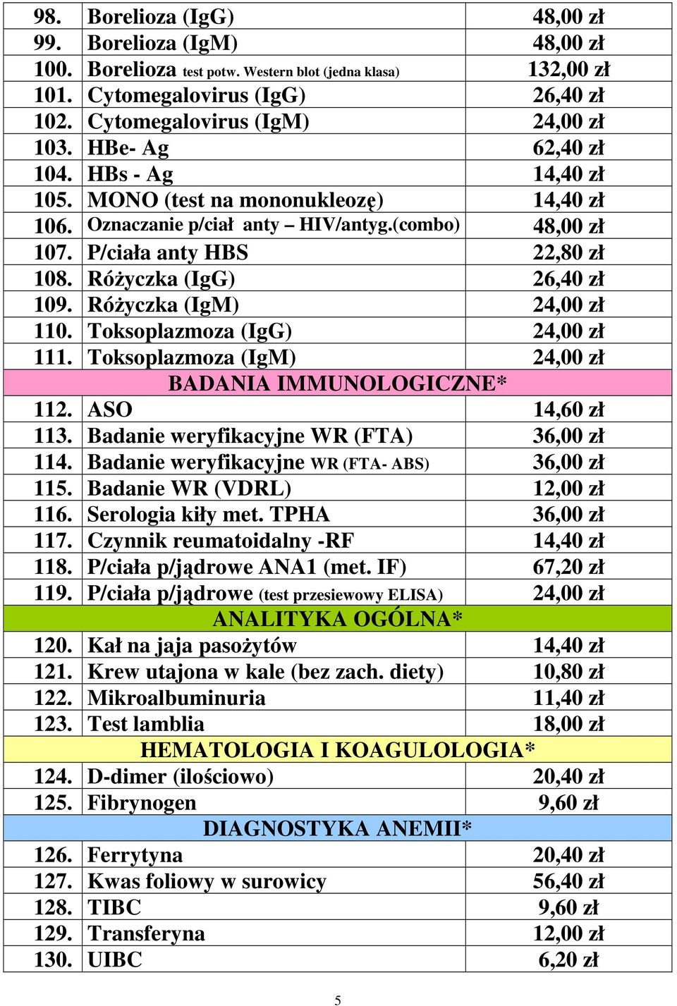 RóŜyczka (IgG) 26,40 zł 109. RóŜyczka (IgM) 110. Toksoplazmoza (IgG) 111. Toksoplazmoza (IgM) BADANIA IMMUNOLOGICZNE* 112. ASO 14,60 zł 113. Badanie weryfikacyjne WR (FTA) 114.