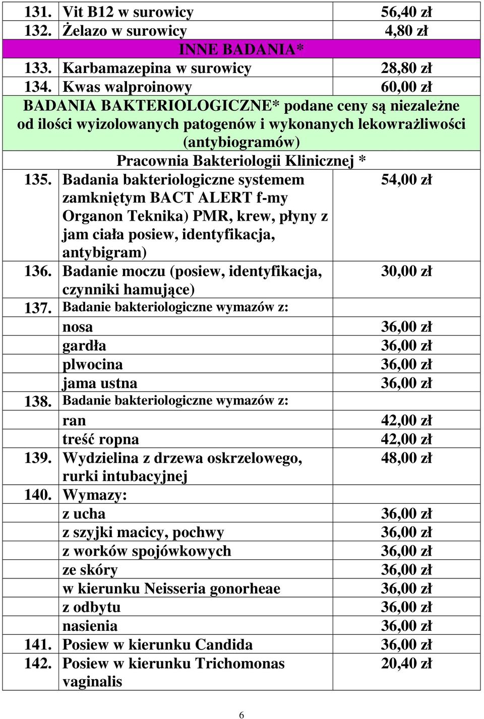 Badania bakteriologiczne systemem 54,00 zł zamkniętym BACT ALERT f-my Organon Teknika) PMR, krew, płyny z jam ciała posiew, identyfikacja, antybigram) 136.