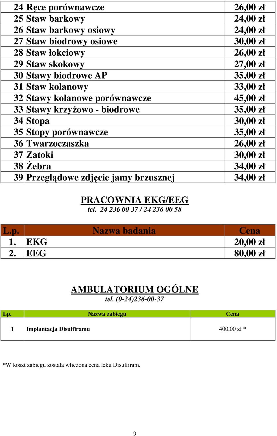 Przeglądowe zdjęcie jamy brzusznej 26,00 zł 26,00 zł 27,00 zł 33,00 zł 45,00 zł 26,00 zł 34,00 zł 34,00 zł PRACOWNIA EKG/EEG tel. 24 236 00 37 / 24 236 00 58 L.p.