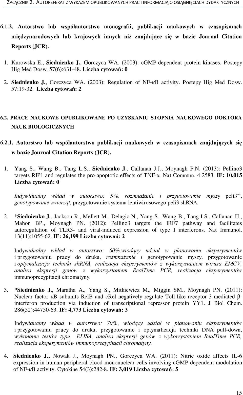 Postepy Hig Med Dosw. 57:19-32. Liczba cytowań: 2 6.2. PRACE NAUKOWE OPUBLIKOWANE PO UZYSKANIU STOPNIA NAUKOWEGO DOKTORA NAUK BIOLOGICZNYCH 6.2.1. Autorstwo lub współautorstwo publikacji naukowych w czasopismach znajdujących się w bazie Journal Citation Reports (JCR).