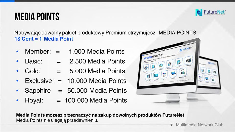 000 Media Points Exclusive: = 10.000 Media Points Sapphire = 50.000 Media Points Royal: = 100.