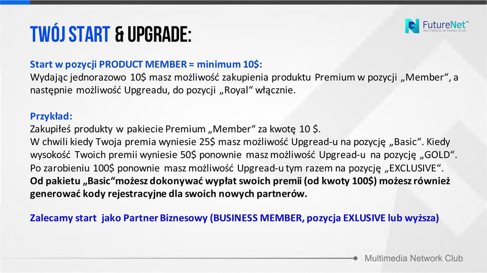 Kiedy wysokość Twoich premii wyniesie 50$ ponownie masz możliwość Upgread- u na pozycję GOLD. Po zarobieniu 100$ ponownie masz możliwość Upgread- u tym razem na pozycję EXCLUSIVE.