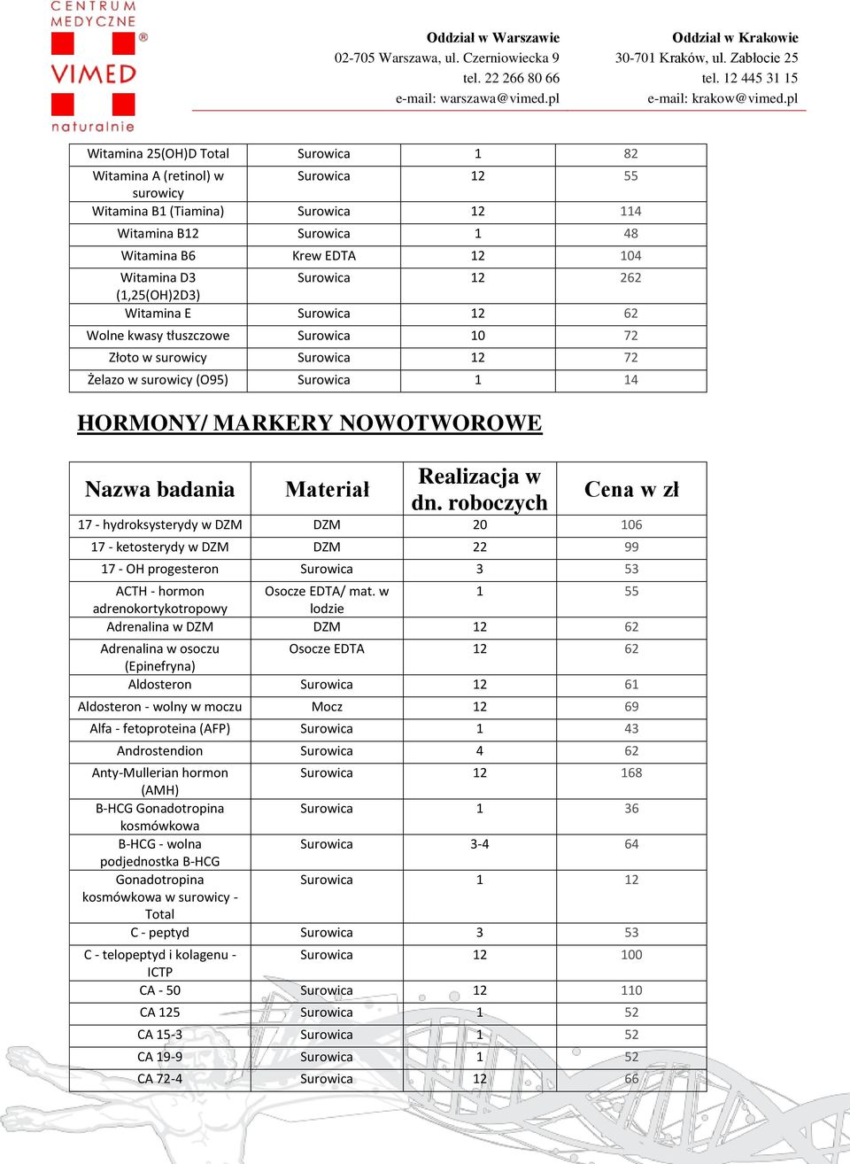 DZM 20 106 17 - ketosterydy w DZM DZM 22 99 17 - OH progesteron Surowica 3 53 ACTH - hormon Osocze EDTA/ mat.