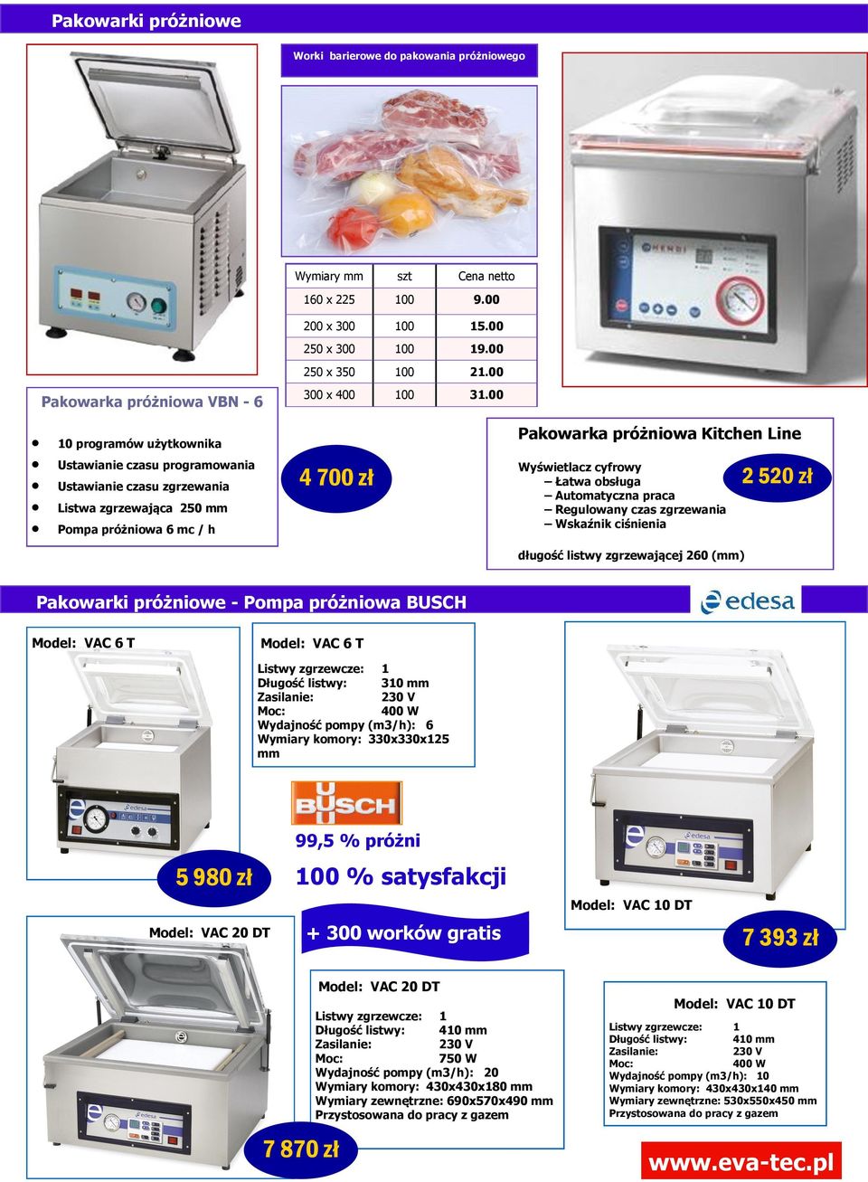 Łatwa obsługa Automatyczna praca Regulowany czas zgrzewania Wskaźnik ciśnienia 2 520 zł długość listwy zgrzewającej 260 () Pakowarki próżniowe - Pompa próżniowa BUSCH Model: VAC 6 T Model: VAC 6 T