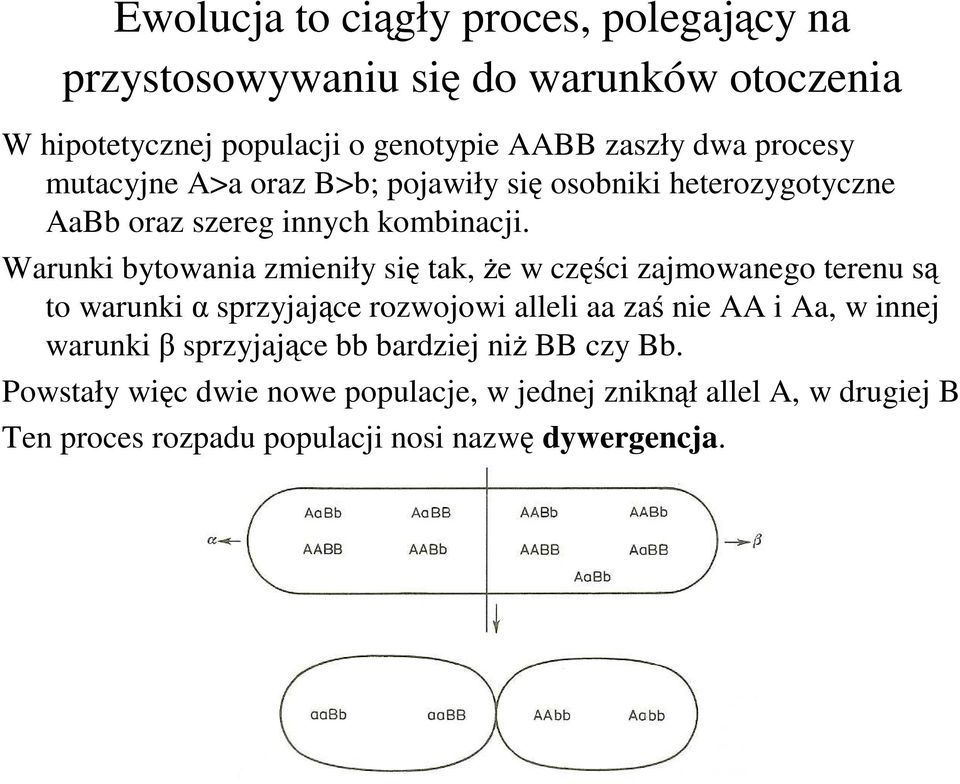 Warunki bytowania zmieniły się tak, że w części zajmowanego terenu są to warunki α sprzyjające rozwojowi alleli aa zaś nie AA i Aa, w innej
