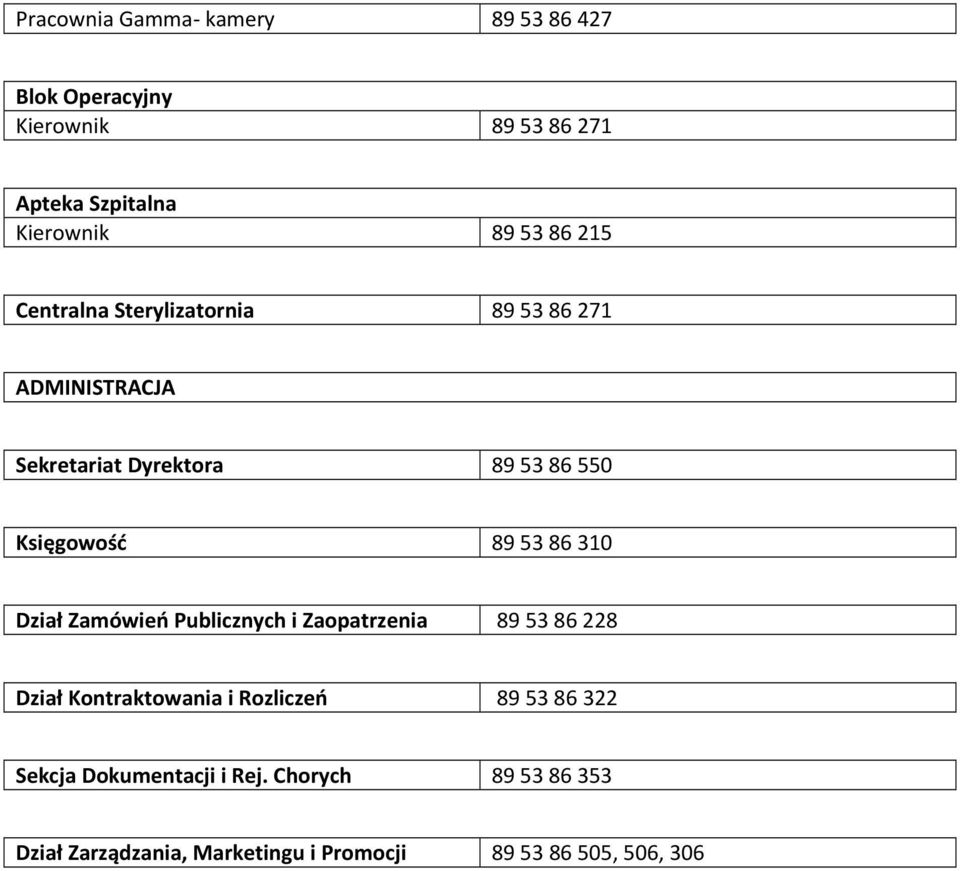 53 86 310 Dział Zamówień Publicznych i Zaopatrzenia 89 53 86 228 Dział Kontraktowania i Rozliczeń 89 53 86