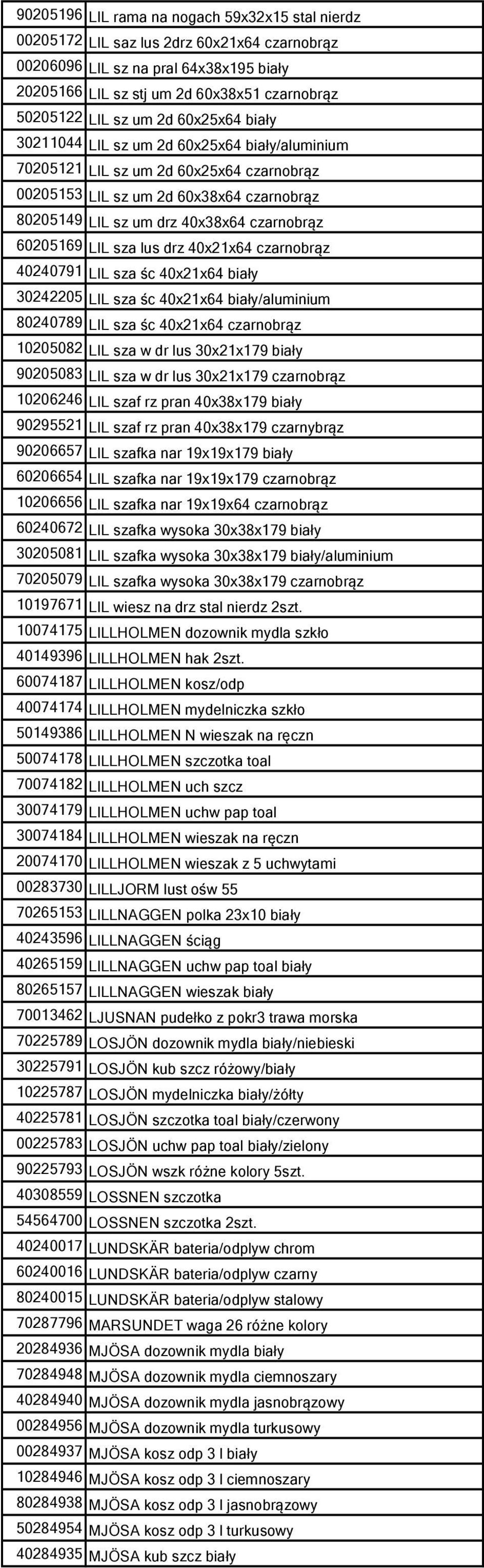 60205169 LIL sza lus drz 40x21x64 czarnobrąz 40240791 LIL sza śc 40x21x64 biały 30242205 LIL sza śc 40x21x64 biały/aluminium 80240789 LIL sza śc 40x21x64 czarnobrąz 10205082 LIL sza w dr lus