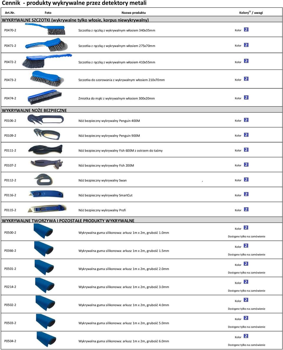 włosiem 275x70mm P0472-2 Szczotka z rączką z wykrywalnym włosiem 410x55mm P0473-2 Szczotka do szorowania z wykrywalnym włosiem 210x70mm P0474-2 Zmiotka do mąki z wykrywalnym włosiem 300x20mm