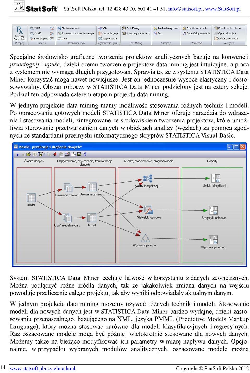 Obszar roboczy w STATISTICA Data Miner podzielony jest na cztery sekcje. Podział ten odpowiada czterem etapom projektu data mining.