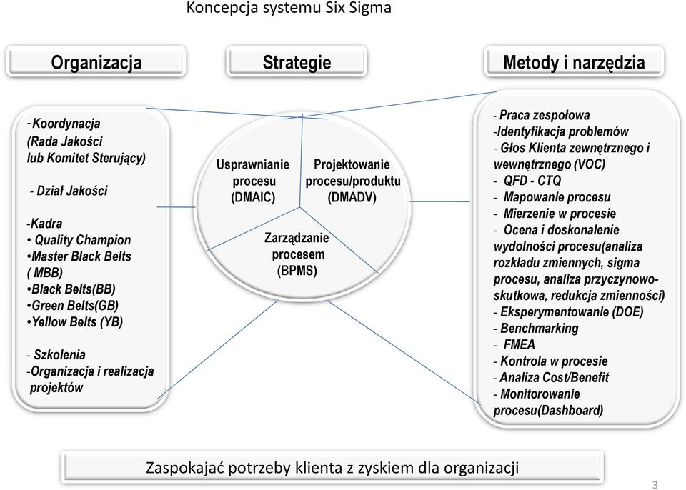 zespołowa -Identyfikacja problemów - Głos Klienta zewnętrznego i wewnętrznego (VOC) - QFD - CTQ - Mapowanie procesu - Mierzenie w procesie - Ocena i doskonalenie wydolności procesu(analiza rozkładu