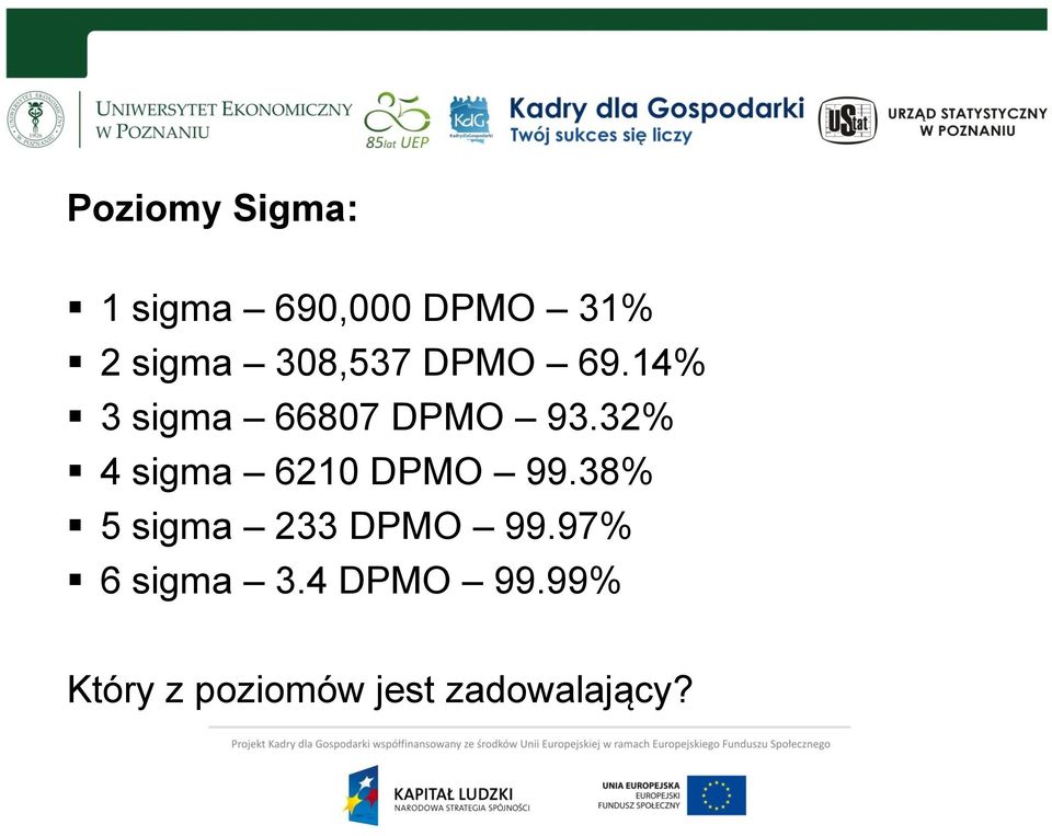 32% 4 sigma 6210 DPMO 99.38% 5 sigma 233 DPMO 99.
