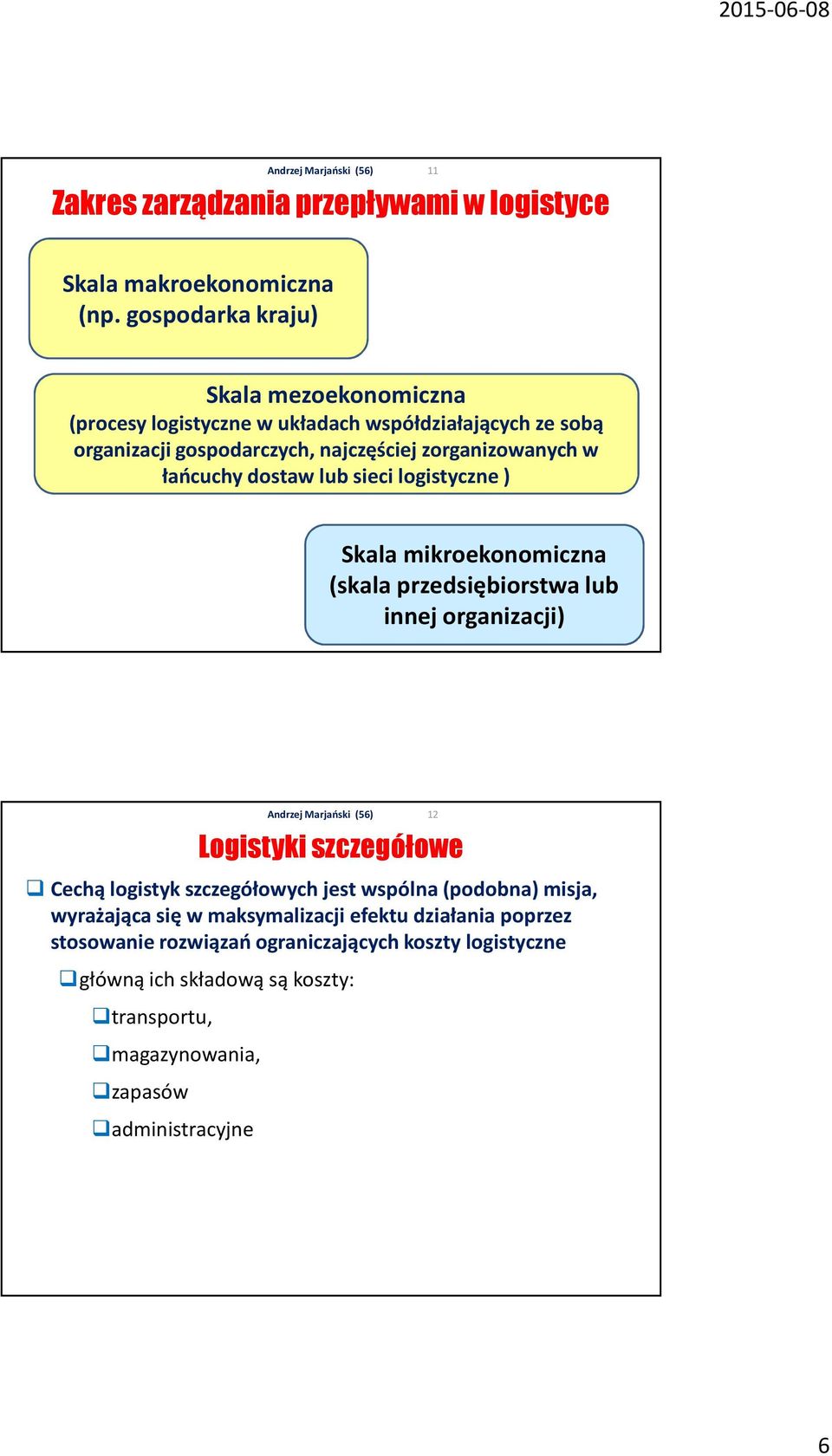 łańcuchy dostaw lub sieci logistyczne ) Skala mikroekonomiczna (skala przedsiębiorstwa lub innej organizacji) Logistyki szczegółowe Cechą logistyk
