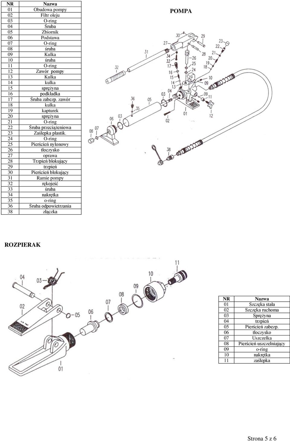 24 O-ring 25 Pierścień nylonowy 26 tłoczysko 27 oprawa 28 Trzpień blokujący 29 trzpień 30 Pierścień blokujący 31 Ramie pompy 32 rękojeść 33 śruba 34 nakrętka 35 o-ring 36 Śruba