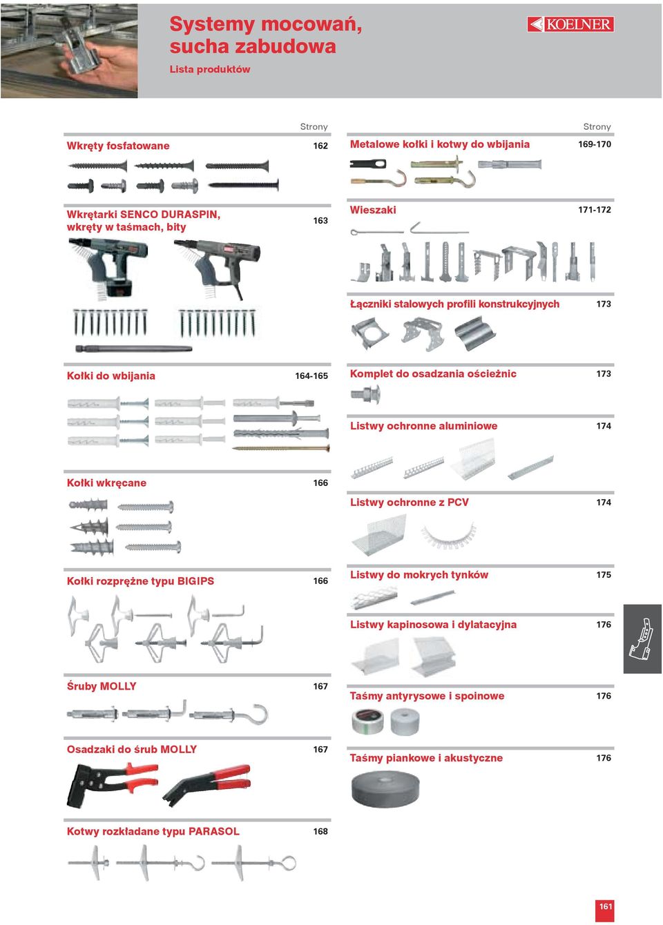 Listwy ochronne aluminiowe 174 Kołki wkręcane 166 Listwy ochronne z PCV 174 Kołki rozprężne typu BIGIPS 166 Listwy do mokrych tynków 175 Listwy kapinosowa