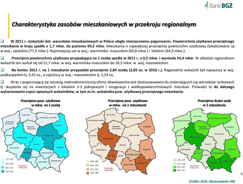 Najmniejszej zaś w woj.: warmińsko- mazurskim (64,8 mkw.) i łódzkim (64,9 mkw.). Przeciętna powierzchnia użytkowa przypadająca na 1 osobę spadła w 2011 r. o 0,5 mkw. i wyniosła 24,4 mkw.