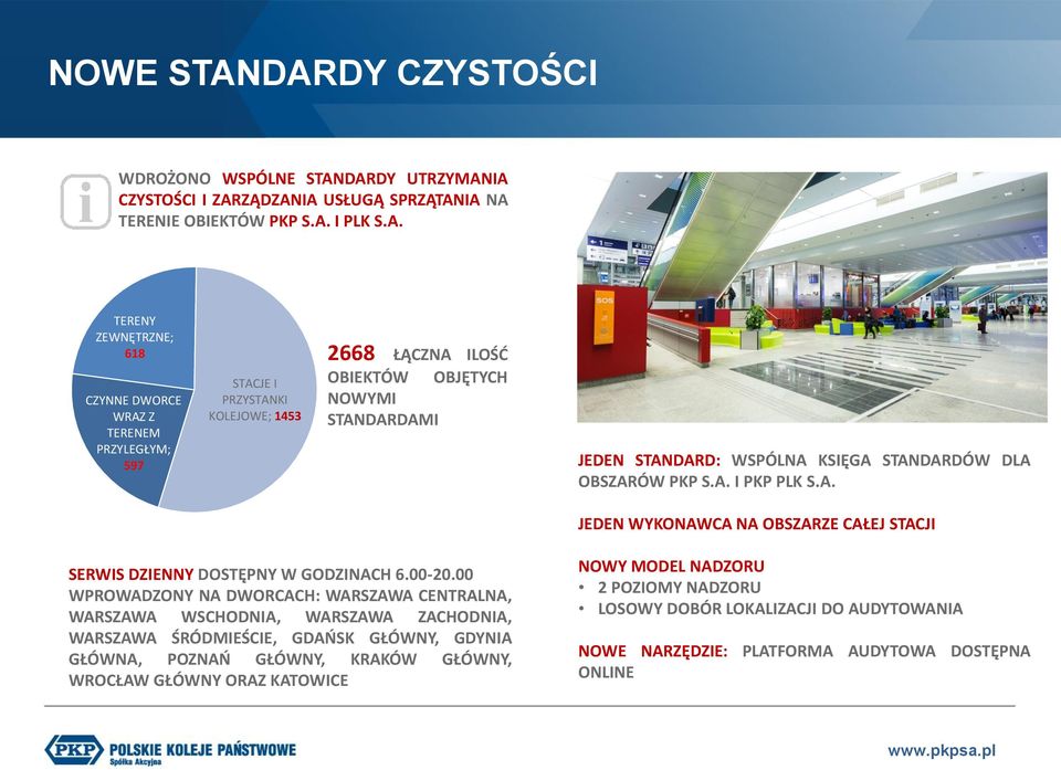 PRZYLEGŁYM; 597 STACJE I PRZYSTANKI KOLEJOWE; 1453 2668 ŁĄCZNA ILOŚĆ OBIEKTÓW OBJĘTYCH NOWYMI STANDARDAMI JEDEN STANDARD: WSPÓLNA KSIĘGA STANDARDÓW DLA OBSZARÓW PKP S.A. I PKP PLK S.A. JEDEN WYKONAWCA NA OBSZARZE CAŁEJ STACJI SERWIS DZIENNY DOSTĘPNY W GODZINACH 6.