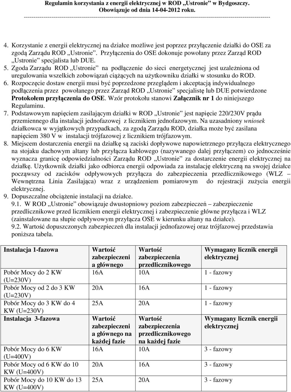 Zgoda Zarządu ROD Ustronie na podłączenie do sieci energetycznej jest uzależniona od uregulowania wszelkich zobowiązań ciążących na użytkowniku działki w stosunku do ROD. 6.