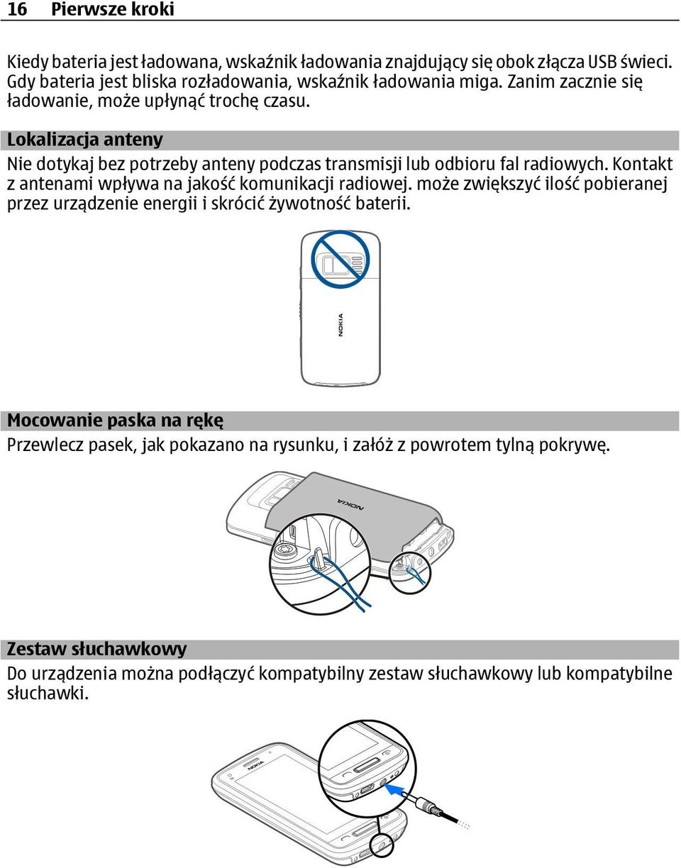 Kontakt z antenami wpływa na jakość komunikacji radiowej. może zwiększyć ilość pobieranej przez urządzenie energii i skrócić żywotność baterii.