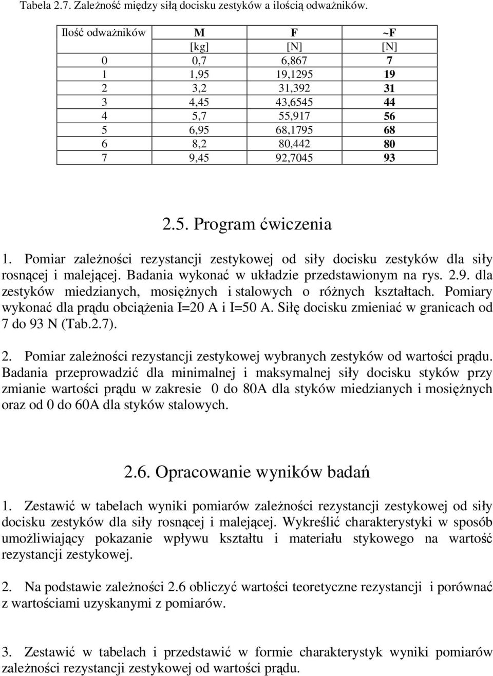 Pomiar zależności rezystancji zestykowej od siły docisku zestyków dla siły rosnącej i malejącej. Badania wykonać w układzie przedstawionym na rys. 2.9.