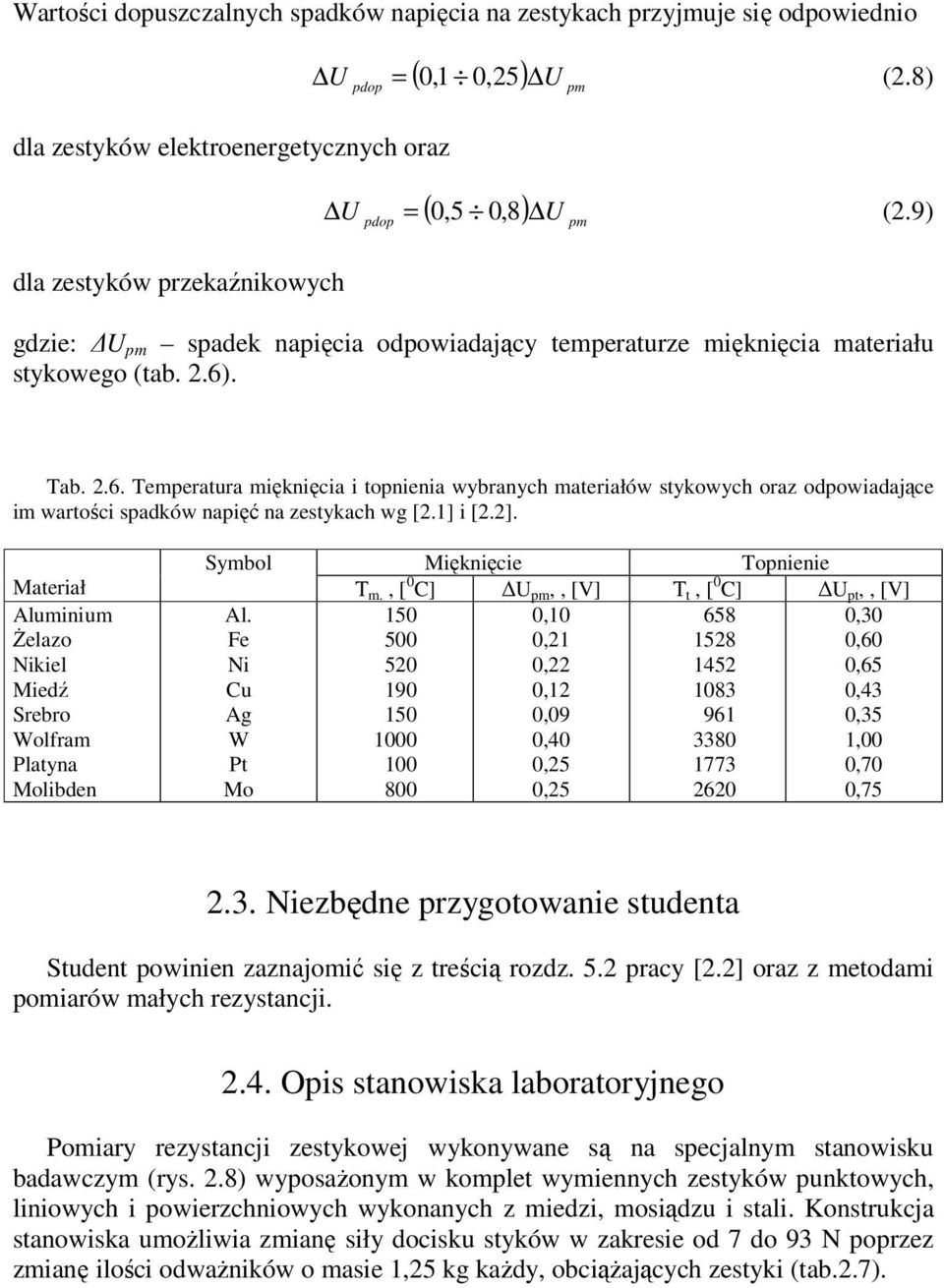 . Tab. 2.6. Temperatura mięknięcia i topnienia wybranych materiałów stykowych oraz odpowiadające im wartości spadków napięć na zestykach wg [2.1] i [2.2].