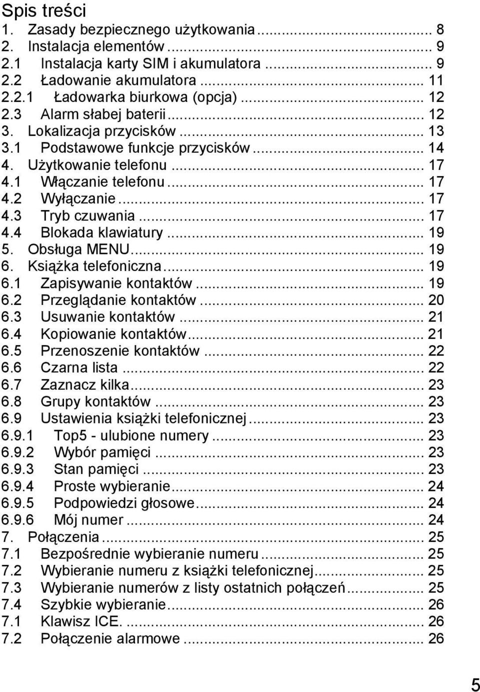 .. 17 4.4 Blokada klawiatury... 19 5. Obsługa MENU... 19 6. Książka telefoniczna... 19 6.1 Zapisywanie kontaktów... 19 6.2 Przeglądanie kontaktów... 20 6.3 Usuwanie kontaktów... 21 6.