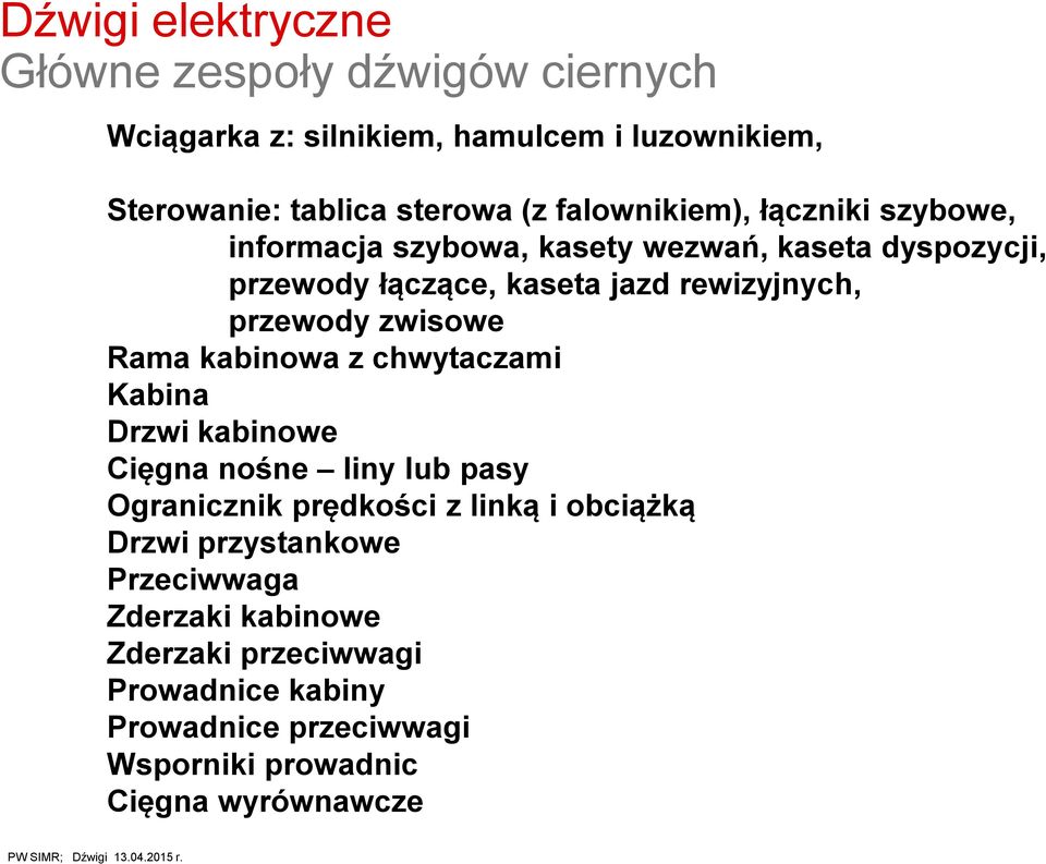 przewody zwisowe Rama kabinowa z chwytaczami Kabina Drzwi kabinowe Cięgna nośne liny lub pasy Ogranicznik prędkości z linką i obciążką