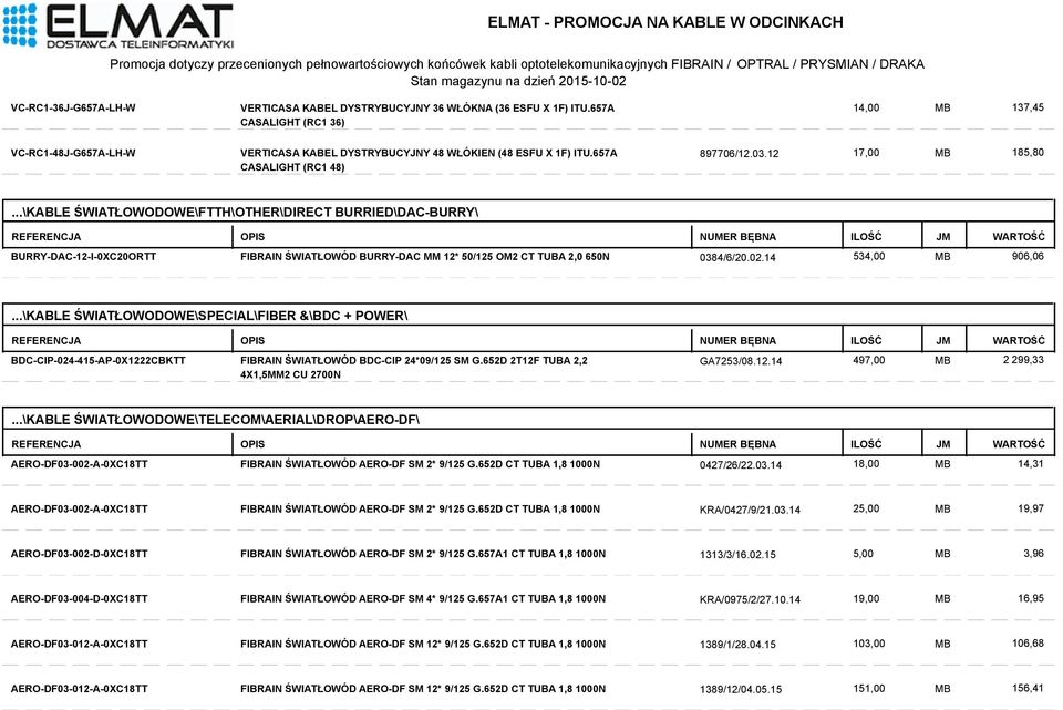..\KABLE ŚWIATŁOWODOWE\FTTH\OTHER\DIRECT BURRIED\DAC-BURRY\ BURRY-DAC-12-I-0XC20ORTT FIBRAIN ŚWIATŁOWÓD BURRY-DAC MM 12* 50/125 OM2 CT TUBA 2,0 650N 0384/6/20.02.14 534,00 906,06.