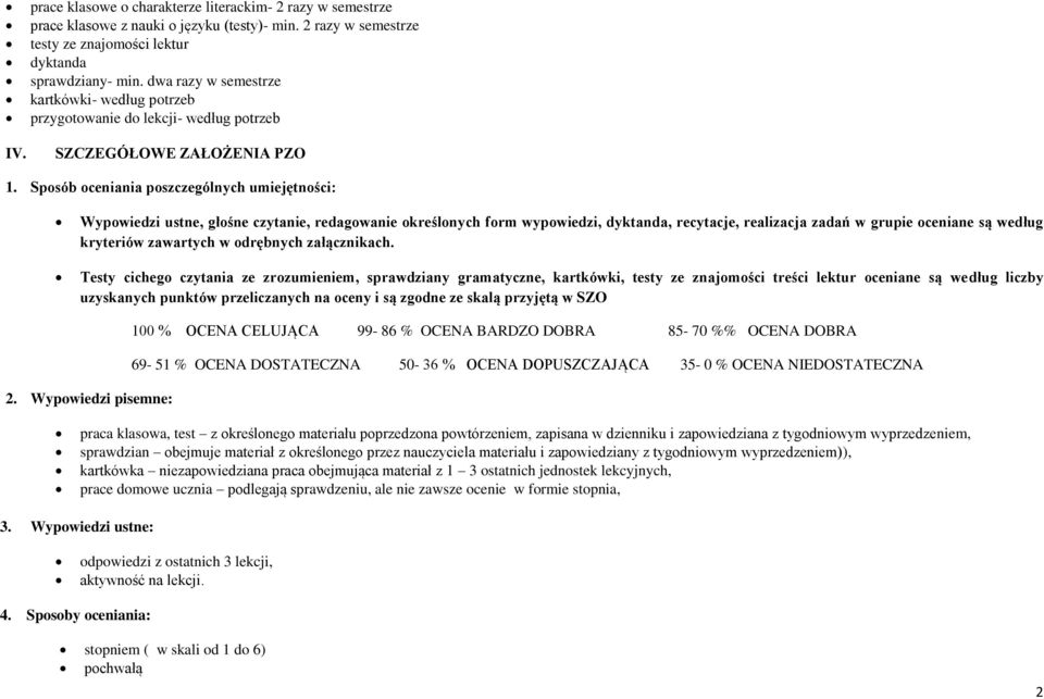 Sposób oceniania poszczególnych umiejętności: Wypowiedzi ustne, głośne czytanie, redagowanie określonych form wypowiedzi, dyktanda, recytacje, realizacja zadań w grupie oceniane są według kryteriów