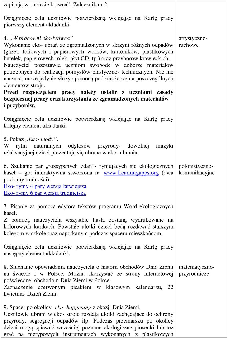 ) oraz przyborów krawieckich. Nauczyciel pozostawia uczniom swobodę w doborze materiałów potrzebnych do realizacji pomysłów plastyczno- technicznych.