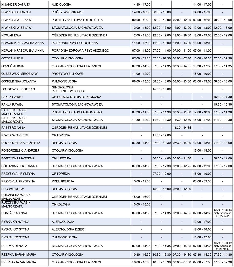 12:00-19:00 12:00-19:00 12:00-19:00 12:00-19:00 NOWAK-KRASOWSKA ANNA PORADNIA PSYCHOLOGICZNA 11:00-13:00 11:00-13:00 11:00-13:00 11:00-13:00 - NOWAK-KRASOWSKA ANNA PORADNIA ZDROWIA PSYCHICZNEGO