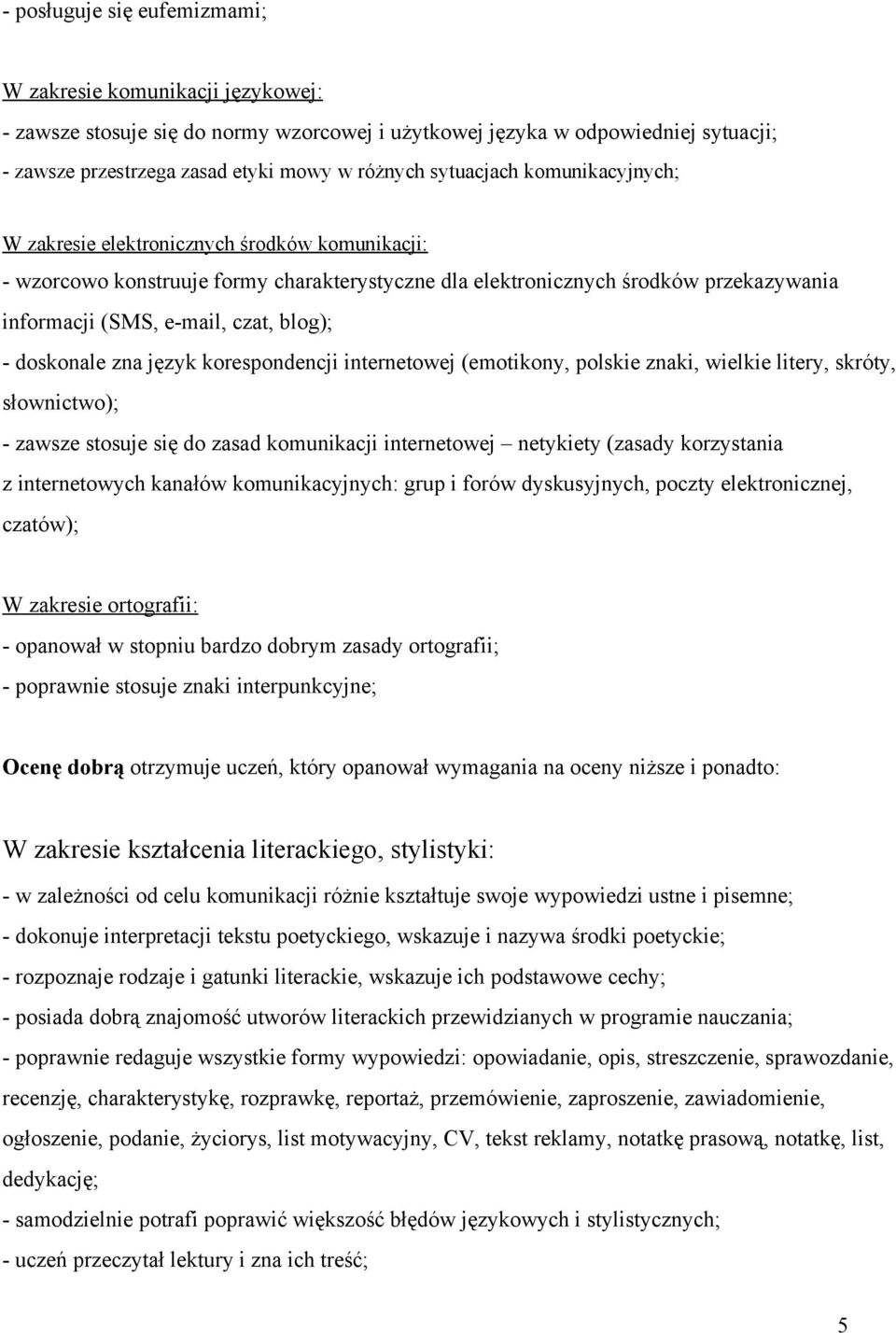 zna język korespondencji internetowej (emotikony, polskie znaki, wielkie litery, skróty, słownictwo); zawsze stosuje się do zasad komunikacji internetowej netykiety (zasady korzystania z