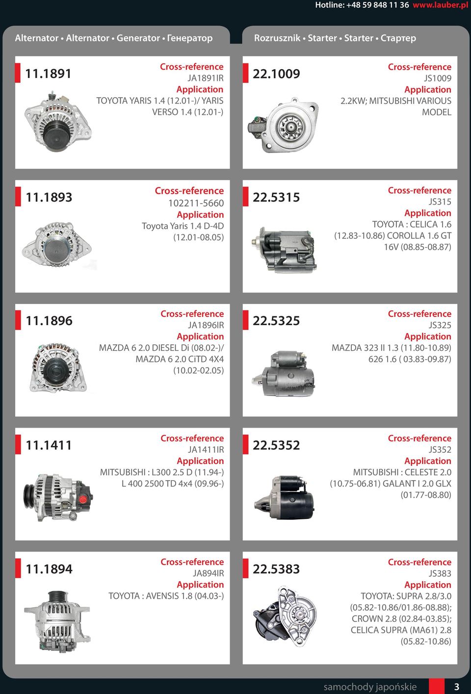 1896 JA1896IR MAZDA 6 2.0 DIESEL Di (08.02-)/ MAZDA 6 2.0 CiTD 4X4 (10.02-02.05) 22.5325 JS325 MAZDA 323 II 1.3 (11.80-10.89) 626 1.6 ( 03.83-09.87) 11.1411 JA1411IR MITSUBISHI : L300 2.5 D (11.