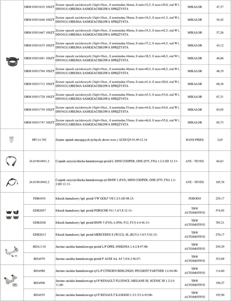 03031720 10SZT OBM 03031739 10SZT OBM 03031747 10SZT , fi nominalna 38mm, fi min=34,5, fi max=41,5, stal W1, , fi nominalna 40mm, fi min=35,5, fi max=42,5, stal W1, , fi nominalna 42mm, fi min=37,2,