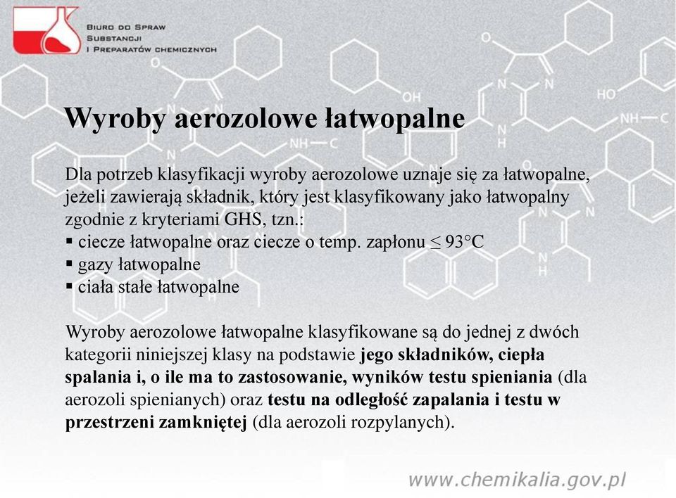 zapłonu 93 C gazy łatwopalne ciała stałe łatwopalne Wyroby aerozolowe łatwopalne klasyfikowane są do jednej z dwóch kategorii niniejszej klasy na