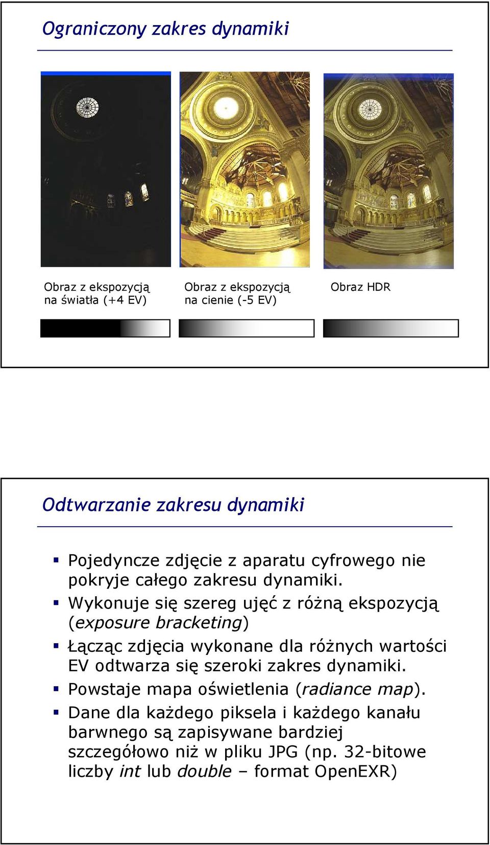 Wykonuje się szereg ujęć z różną ekspozycją (exposure bracketing) Łącząc zdjęcia wykonane dla różnych wartości EV odtwarza się szeroki zakres