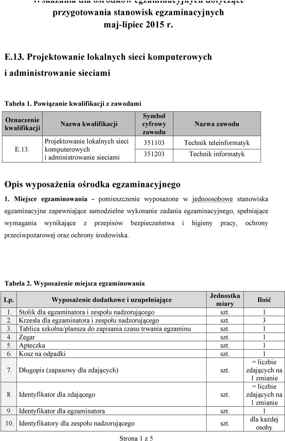 kwalifikacji Projektowanie lokalnych sieci komputerowych i administrowanie sieciami Symbol cyfrowy zawodu zawodu 351103 Technik teleinformatyk 351203 Technik informatyk Opis wyposażenia ośrodka