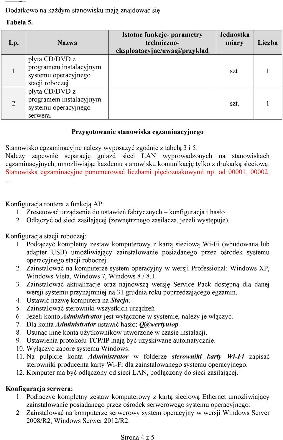 technicznoeksploatacyjne/uwagi/przykład Liczba Przygotowanie stanowiska egzaminacyjnego Stanowisko egzaminacyjne należy wyposażyć zgodnie z tabelą 3 i 5.