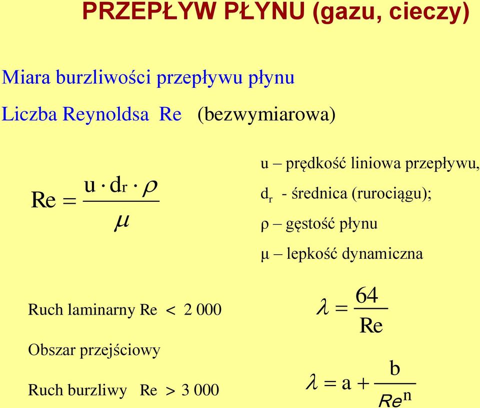 średnica (rurociągu); ρ gęstość płynu μ lepkość dynamiczna Ruch