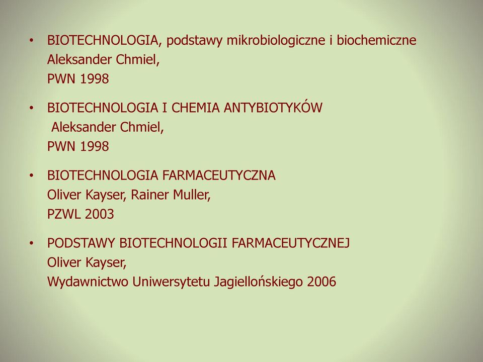 BIOTECHNOLOGIA FARMACEUTYCZNA Oliver Kayser, Rainer Muller, PZWL 2003 PODSTAWY