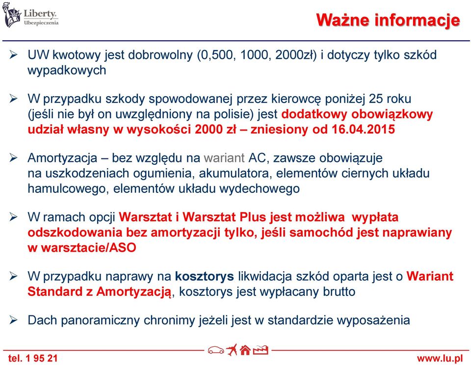 2015 Amortyzacja bez względu na wariant AC, zawsze obowiązuje na uszkodzeniach ogumienia, akumulatora, elementów ciernych układu hamulcowego, elementów układu wydechowego W ramach opcji Warsztat i