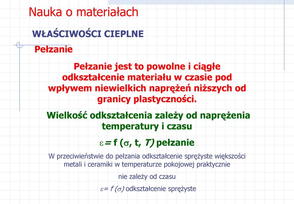 Wielkość odkształcenia zależy od naprężenia temperatury i czasu = f (, t, T) pełzanie W