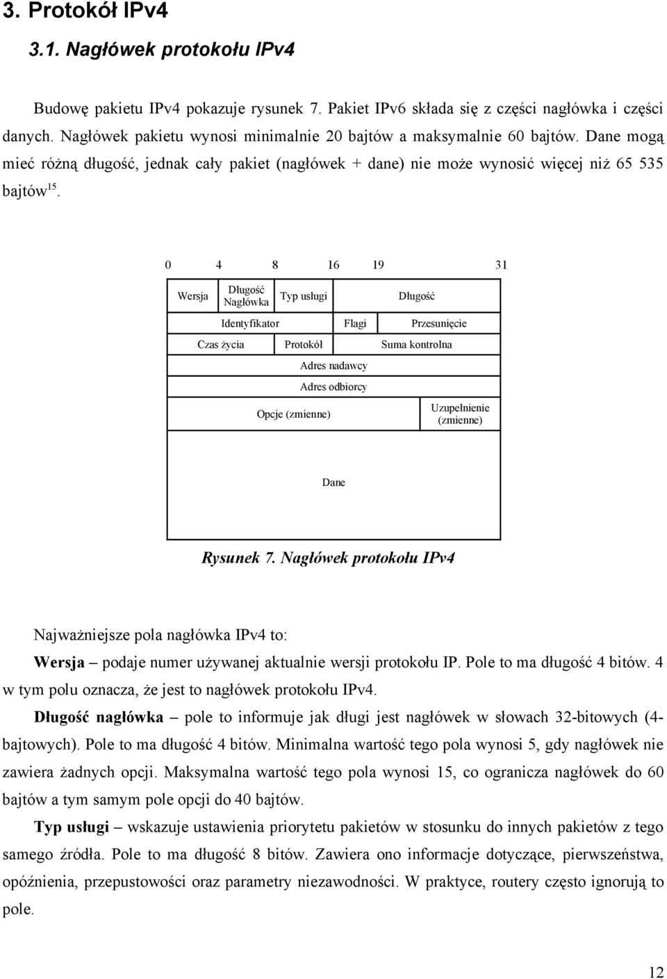 0 4 8 16 19 31 Wersja Długość Nagłówka Typ usługi Długość Identyfikator Flagi Przesunięcie Czas życia Protokół Suma kontrolna Opcje (zmienne) Adres nadawcy Adres odbiorcy Uzupełnienie (zmienne) Dane