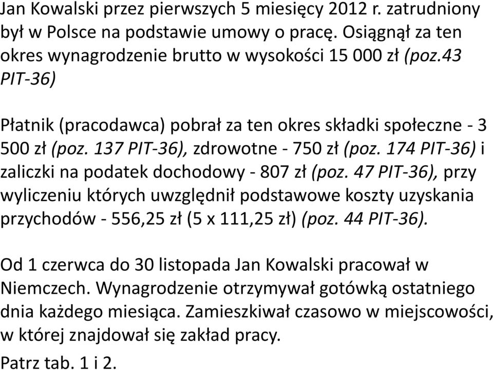 174 PIT-36) i zaliczki na podatek dochodowy - 807 zł (poz. 47 PIT-36), przy wyliczeniu których uwzględnił podstawowe koszty uzyskania przychodów - 556,25 zł (5 x 111,25 zł) (poz.