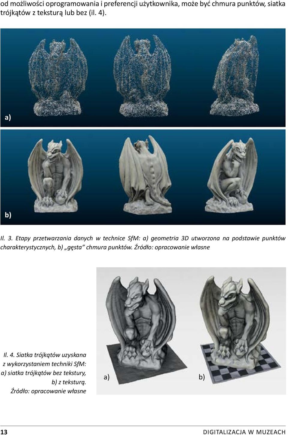 Etapy przetwarzania danych w technice SfM: a) geometria 3D utworzona na podstawie punktów charakterystycznych, b)